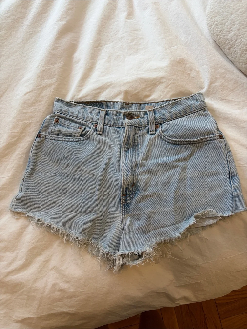 Levi's Light Blue High-Rise Frayed Hem Denim Shorts